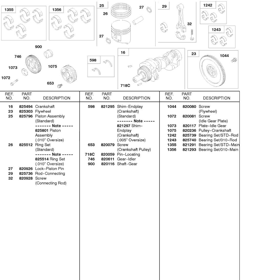 Piston, Crankshaft, Flywheel Diagram and Parts List for 58A447-0234-XX  Briggs and Stratton Engine